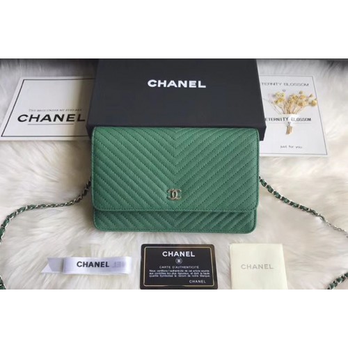 Chanel WOC Original Caviar Leather Flap cross-body bag V33814 Green Silver chain