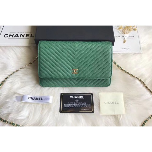 Chanel WOC Original Caviar Leather Flap cross-body bag V33814 Green Gold chain