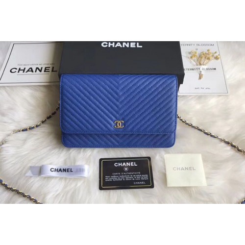 Chanel WOC Original Caviar Leather Flap cross-body bag V33814 Blue Gold chain