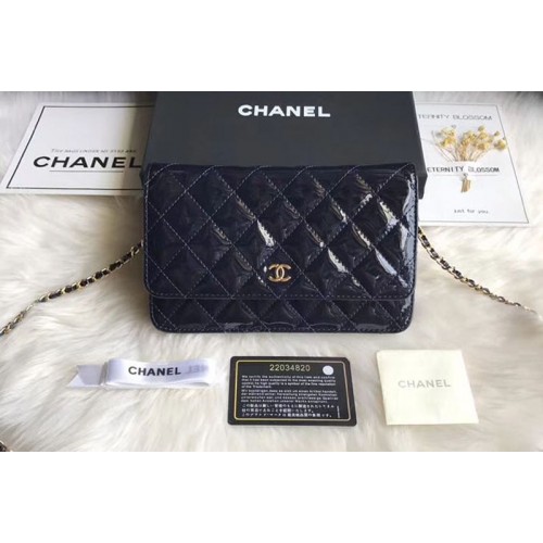 Chanel WOC Flap Bag Original Patent Leather A33814 Navy Blue Gold Chain