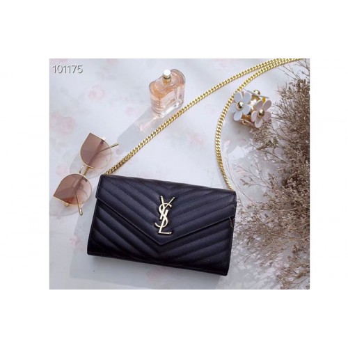 YSL Chain Wallet Black Matelasse Leather Gold Hardware