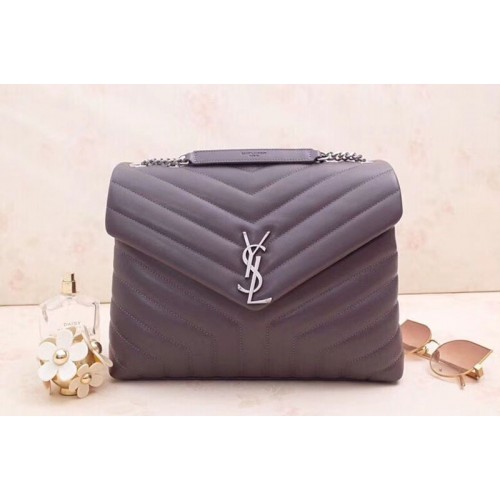 YSL Medium Loulou Chain Bags Grey Leather Silver Hardware