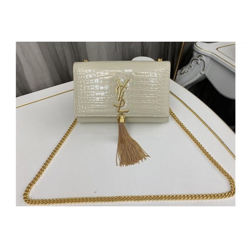 YSL KATE SMALL TASSEL bag IN White CROCODILE-EMBOSSED LEATHER