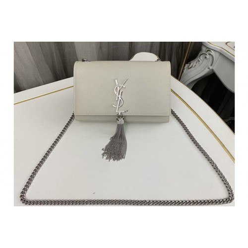YSL KATE SMALL TASSEL bag IN White GRAIN DE POUDRE EMBOSSED LEATHER With Silver