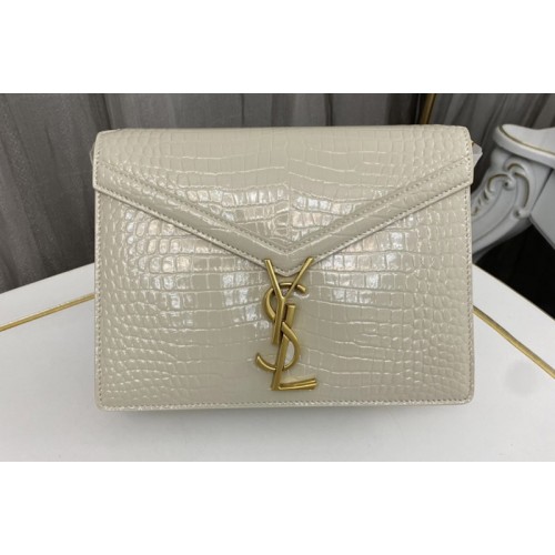 YSL CASSANDRA MEDIUM CHAIN Bag In White CROCODILE-EMBOSSED SHINY LEATHER