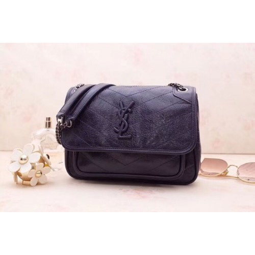 YSL Niki Baby In Crinkled Vintage Leather Navy Blue