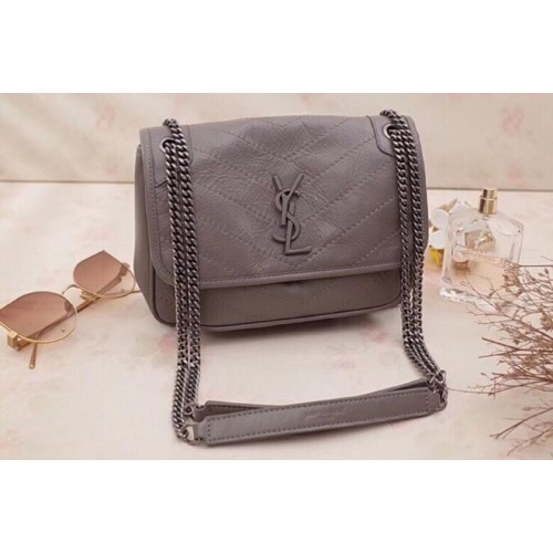 YSL Niki Baby In Crinkled Vintage Leather Light Gray