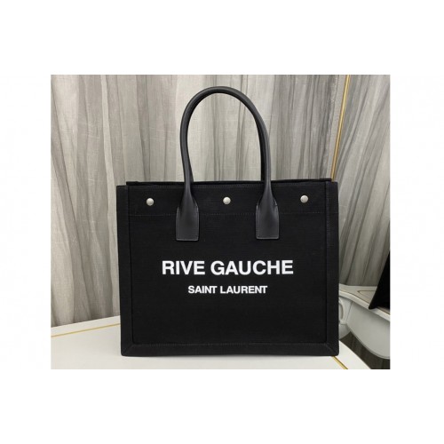 YSL RIVE GAUCHE SMALL TOTE BAG IN Black LINEN AND LEATHER