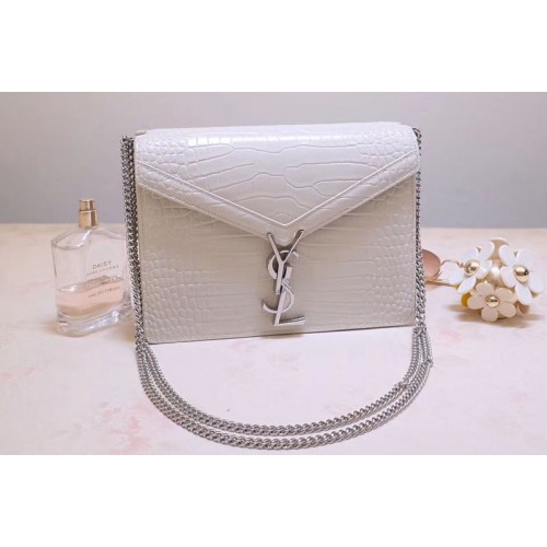YSL Cassandra Monogram Clasp Bags In White Crocodile Embossed Shiny Leather