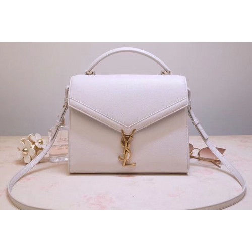 YSL Cassandra Top Handle Medium Bags In White Grain De Poudre Embossed Leather