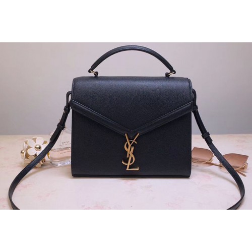 YSL Cassandra Top Handle Medium Bags In Black Grain De Poudre Embossed Leather