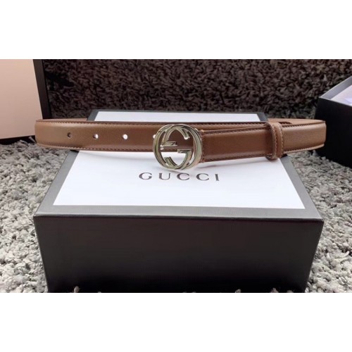 Womens Gucci 25mm Leather belt with Interlocking Silver G buckle in Caramel Leather