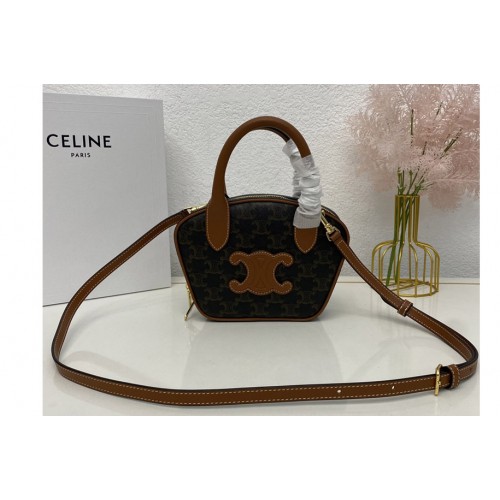 Celine MINI BOWLING BAG IN TRIOMPHE CANVAS AND TAN CALFSKIN
