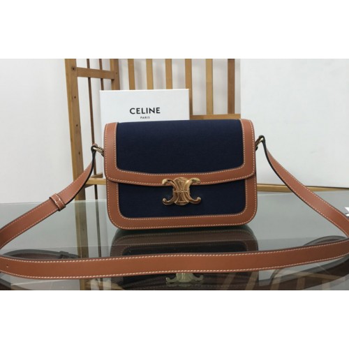 Celine CLASSIQUE TRIOMPHE BAG IN Blue TRIOMPHE CANVAS AND tan CALFSKIN