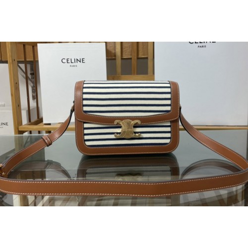 Celine CLASSIQUE TRIOMPHE BAG IN Navy Striped textile and Tan Calfskin