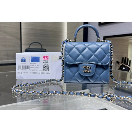 Chanel AP2682 Top Handle Bag with Chain in Blue Leather