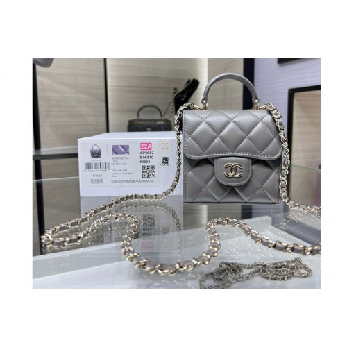Chanel AP2682 Top Handle Bag with Chain in Gray Leather