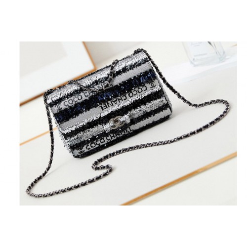 Chanel A69900 Mini Classic Handbag in Black/White/Blue Sequins