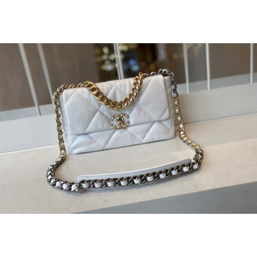 Chanel 19 Large Handbag AS1161 in White Lambskin Leather