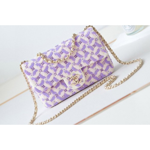 Chanel A69900 Mini Classic Handbag in Purple Embroidered Satin and Sequins Chanel A69900 Mini Classic Handbag in Purple Embroidered Satin and Sequins