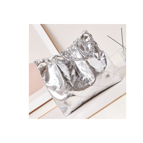 Chanel 22 Handbag AS3261 in Silver Shiny Calfskin
