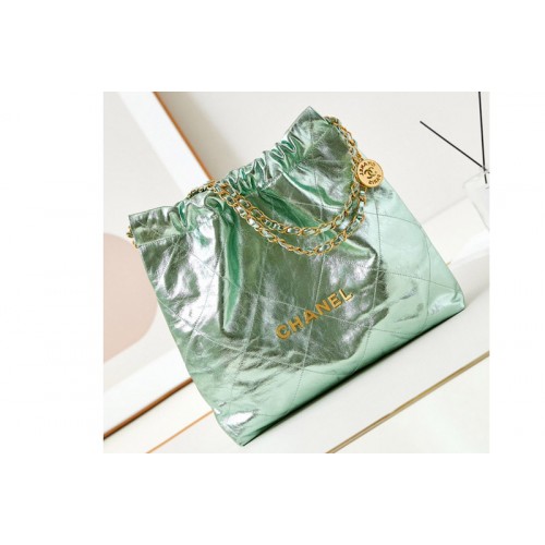 Chanel 22 Handbag AS3261 in Green Shiny Calfskin