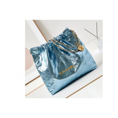 Chanel 22 Handbag AS3261 in Blue Shiny Calfskin