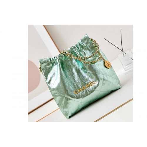 Chanel 22 Small Handbag AS3260 in Green Shiny Calfskin