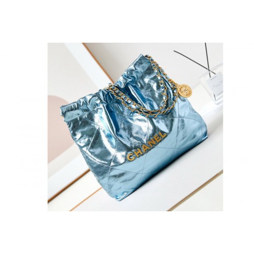 Chanel 22 Small Handbag AS3260 in Blue Shiny Calfskin