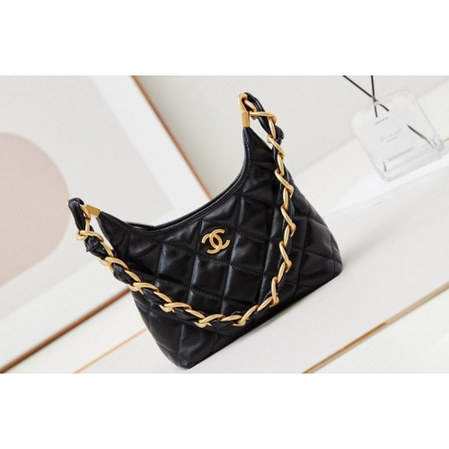 Chanel AS4922 Small Hobo Bag in Black Shiny Lambskin