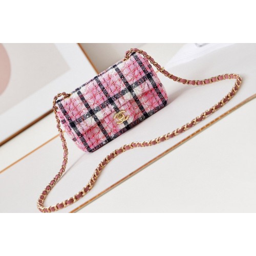 Chanel A69900 Mini Classic Handbag in Pink/Navy Blue/White Cotton&Wool Tweed