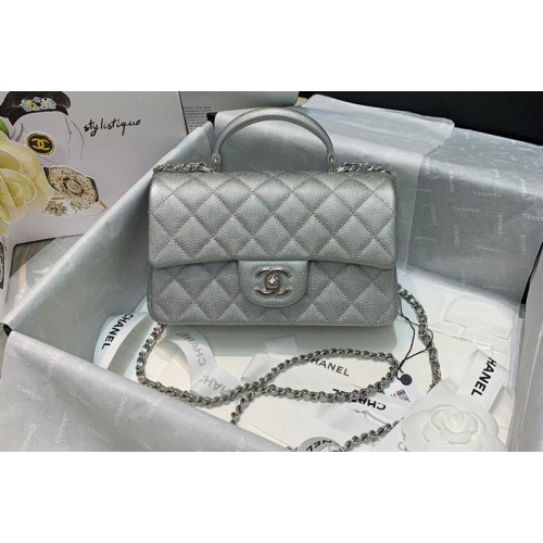 Chanel AS2431 Mini Classic Handbag with Top Handle in Grey Lambskin