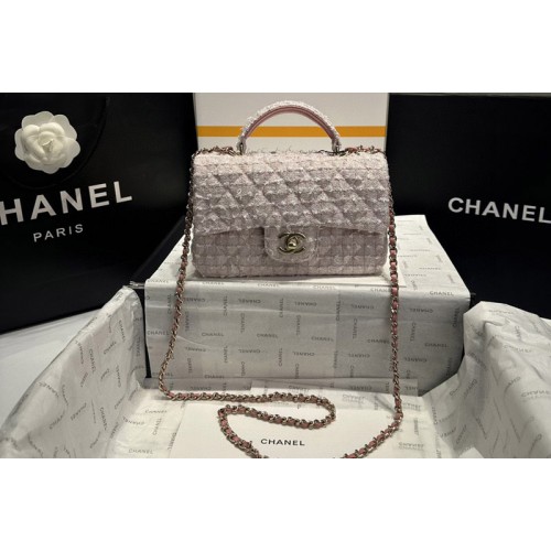 Chanel AS2431 Mini Classic Handbag with Top Handle in Pink Sequin Embroidered Tweed
