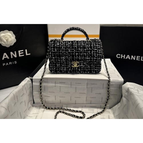 Chanel AS2431 Mini Classic Handbag with Top Handle in Black/White Sequin Embroidered Tweed
