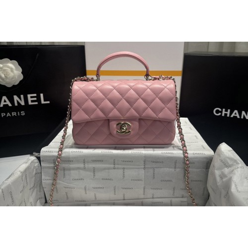 Chanel AS2431 Mini Classic Handbag with Top Handle in Pink Lambskin