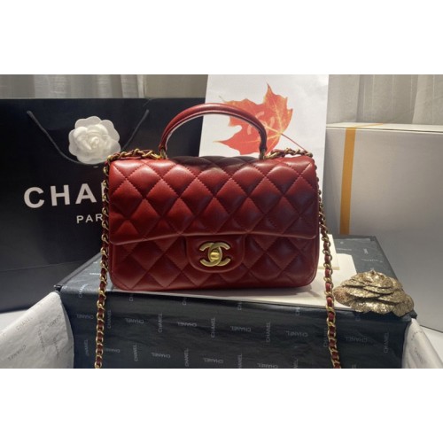 Chanel AS2431 Mini Classic Handbag with Top Handle in Red Lambskin