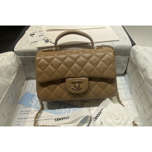 Chanel AS2431 Mini Classic Handbag with Top Handle in Dark Brown Lambskin