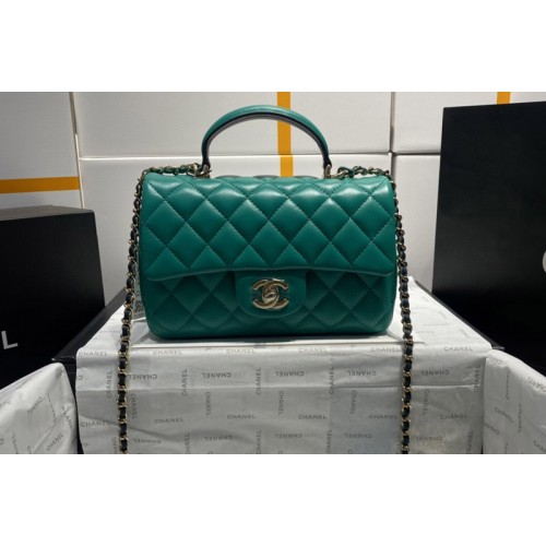 Chanel AS2431 Mini Classic Handbag with Top Handle in Dark Green Lambskin