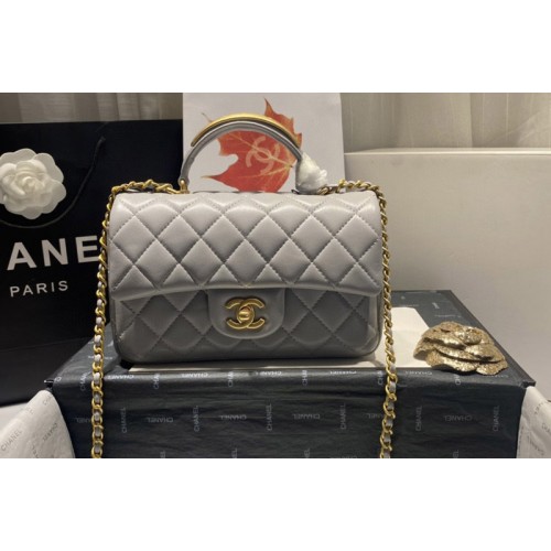 Chanel AS2431 Mini Classic Handbag with Top Handle in Grey Lambskin