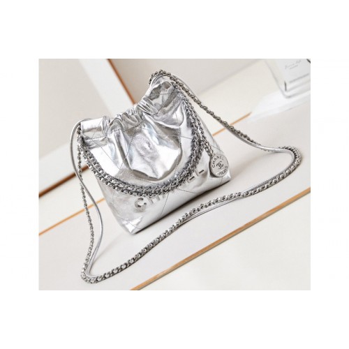 Chanel 22 Mini Handbag  AS3980 in Silver Shiny Calfskin