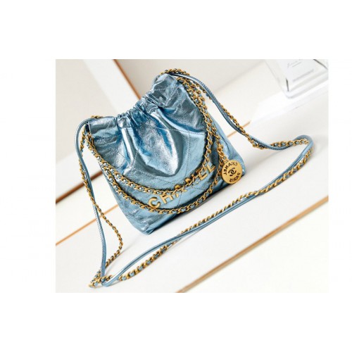 Chanel 22 Mini Handbag  AS3980 in Blue Shiny Calfskin