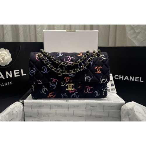 Chanel Classic 11.12 Handbag A01112 in Black and Multicolor Printed Fabric