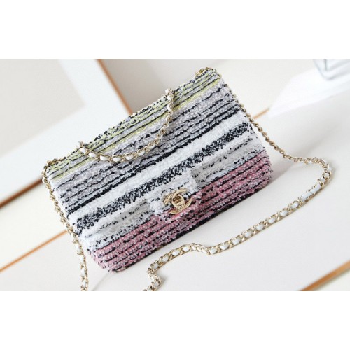 Chanel A69900 Mini Classic Handbag  in Multicolor Embroidered Tweed and Sequins