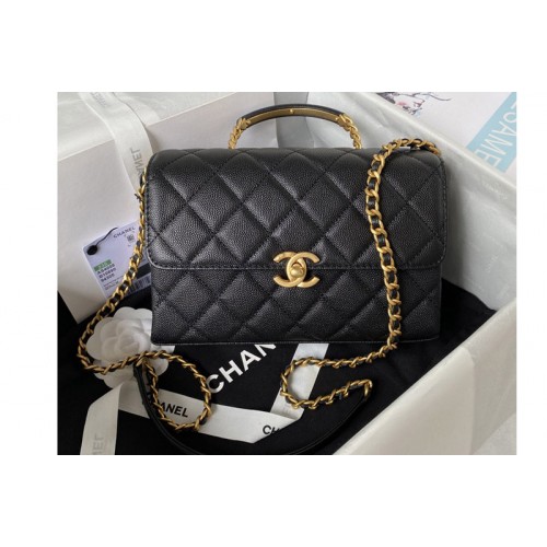 Chanel AS4008 Flap Bag With Top Handle in Black Calfskin