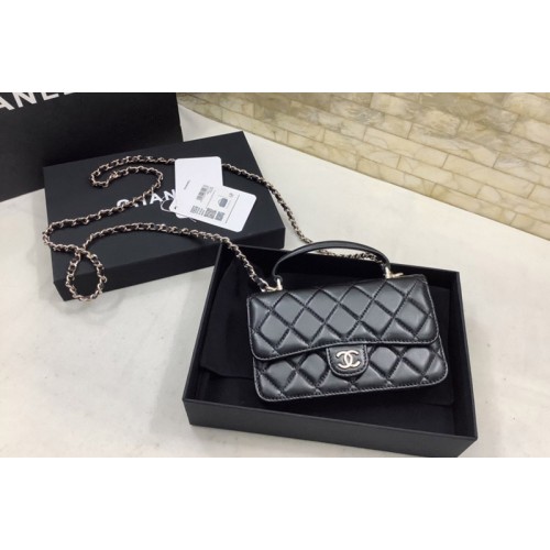 Chanel Mini Flap Bag with Top Handle in Black Lambskin