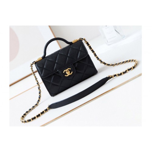Chanel AS4956 Mini Flap Bag with Top Handle In Black Lambskin