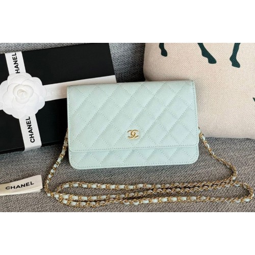 Chanel WOC Wallet on Chain Bag in Sky Blue Grained Calfskin With Gold