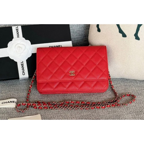 Chanel WOC Wallet on Chain Bag in Red Grained Calfskin With Silver
