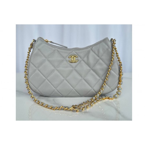 Chanel Small Hobo Bag in Grey Lambskin Leather