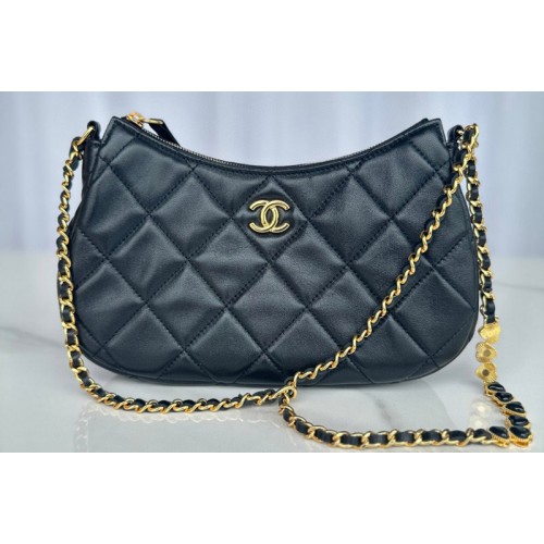 Chanel Small Hobo Bag in Black Lambskin Leather